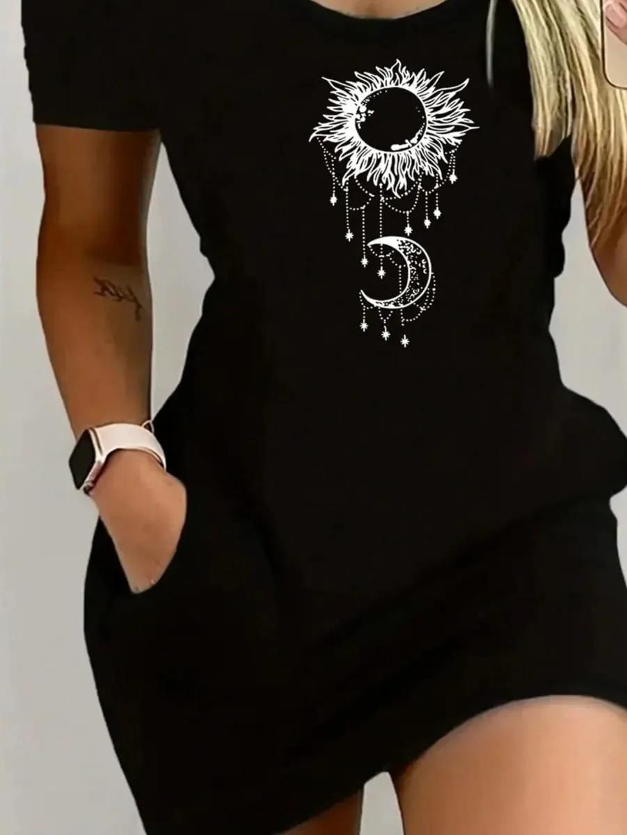 2026 Women's Casual Elegant Style Sun Moon Pattern Solid Color Round Neck Short Sleeve Women's Sexy Dress Short Skirt — image 3
