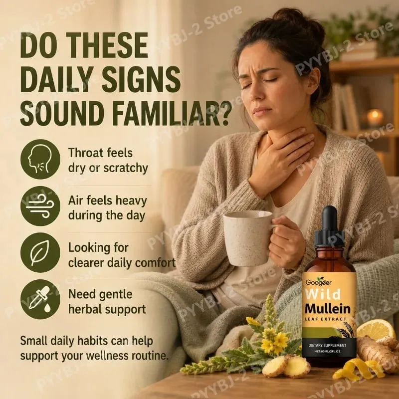 Mullein Liquid Drops 60ml with Wild Mullein Leaf Extract and Ginger Support Lung Health & Clean Impurities Plant Supplement
