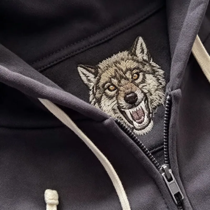 Dark Brown Full Zip Hoodie Double Men Wolf Embroidery Drawstring Pocket Oversized Y2K Grunge Vintage Street Zip Up Sweat Jackets