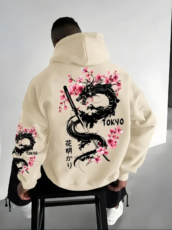 Naka-hood na pullover na naka-hood na pullover para sa init ng taglamig na maluwag at kaswal na istilo ng naka-istilong anime na dragon-patterned cherry blossom print