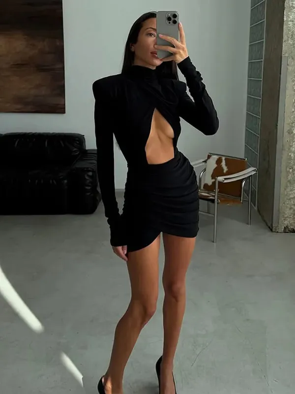 Women Black Cinched-waist Mini Dress Casual V-neck Elegant Shoulder Pads Long Sleeve Short vestido Lady Chic Party Street Gowns — image 8