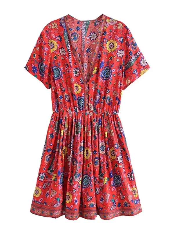 Vintage Chic Wanita Peacock Floral Print Gaun Mini Bohemian V-leher Dalam Wanita Lengan Pendek Happie Beach Boho Dress Vestidos — image 6