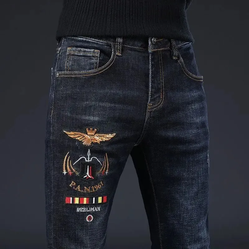 High-end Men's Jeans Summer New Embroidery Printed Slim-fit Elastic Small Feet Trousers Punk Clothing Luxury Brand Men Jeans