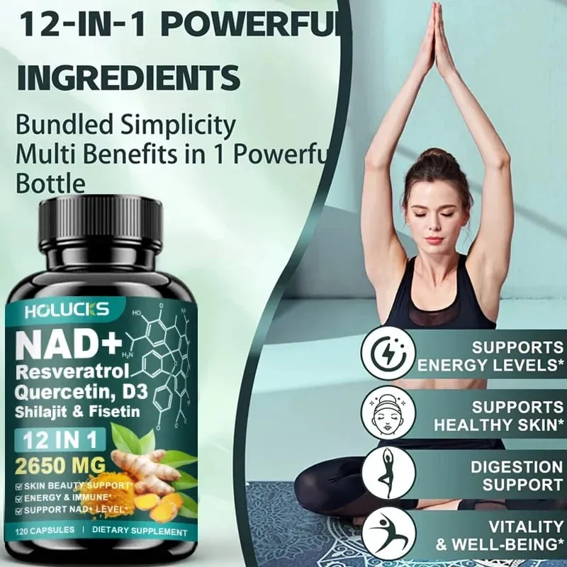 12-in-1 NAD+ Capsules with Turmeric Grape Seed Support Energy Production Digestive Comfort & Immune Function for Active Women