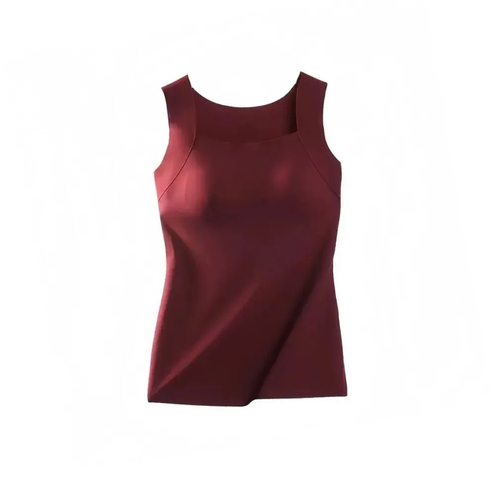Built-in Bra Seamless Camisole Fixed Cup Solid Color Thermal Vest Stretchy U Neck Bottoming Underwear Multi-layer Wear — image 8