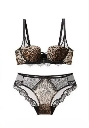 Tendance Ensemble Lingerie Léopard Dentelle Style Français Soutien-Gorge Push Up Petit Poitrine Anti Affaissement Toutes Tailles
