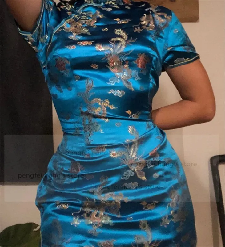 Chinese Style Women Dragon Phenix Qipao Classic Red Satin Cheongsam Plus Size Short Sleeve Mini Dress Vestidos 3XL 4XL 5XL 6XL