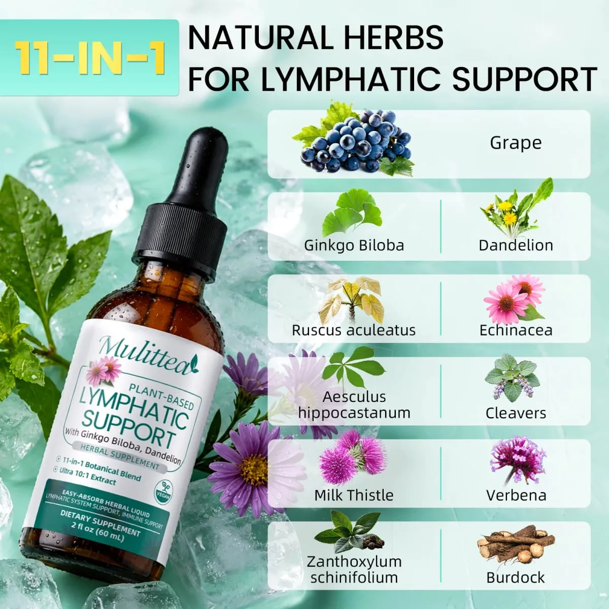 60ml Lymphatic Support Drops 11 in 1 Echinacea Extract Natural Herbs Supplement for Improves Fluid Circulation Enhances Immunity — image 1
