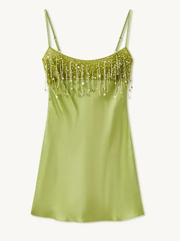 Chic High End Sequin Tassel Satin Dress Women's Elegant Straps Low Neck Mini Vistidos 2026 Stylish Back Zipper Beach Party Gown