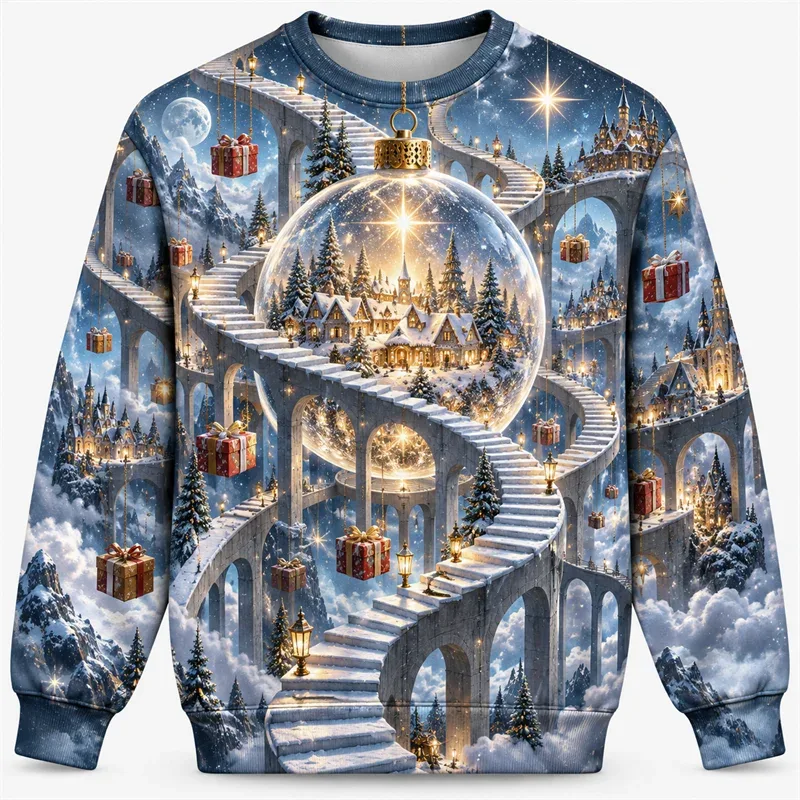 Christmas Fantasy Sweatshirt Train Castle Carousel Angel Polar Bear Crewneck Xmas Pullover Holiday Party Streetwear Gift Top — image 2
