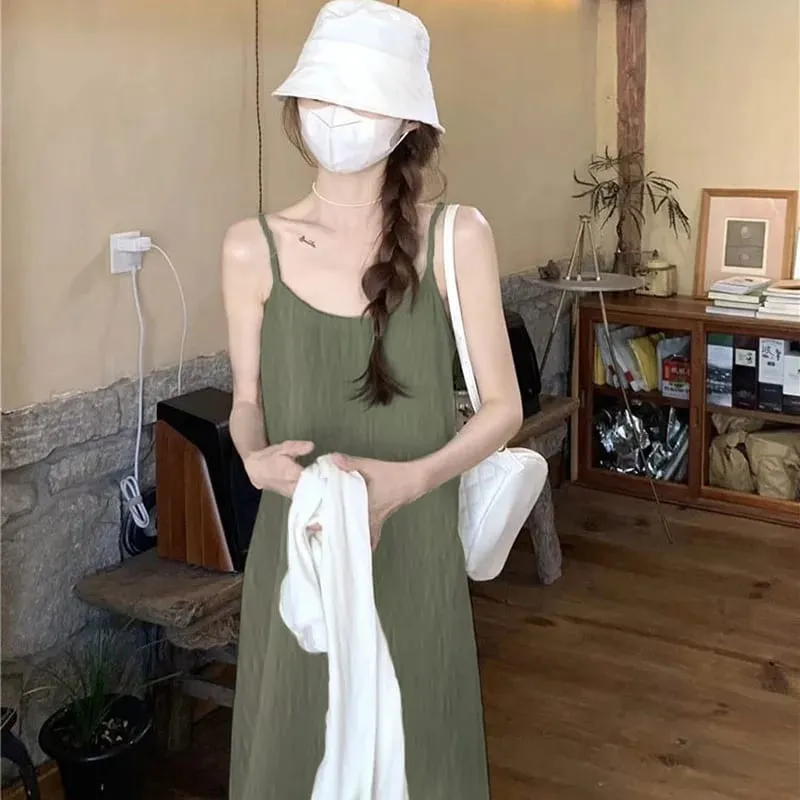 Summer Pleated Cami Dress Slimming Lazy Style French Sexy Fitted Luxe Long Dress for Women Hot Selling Versatile — image 4