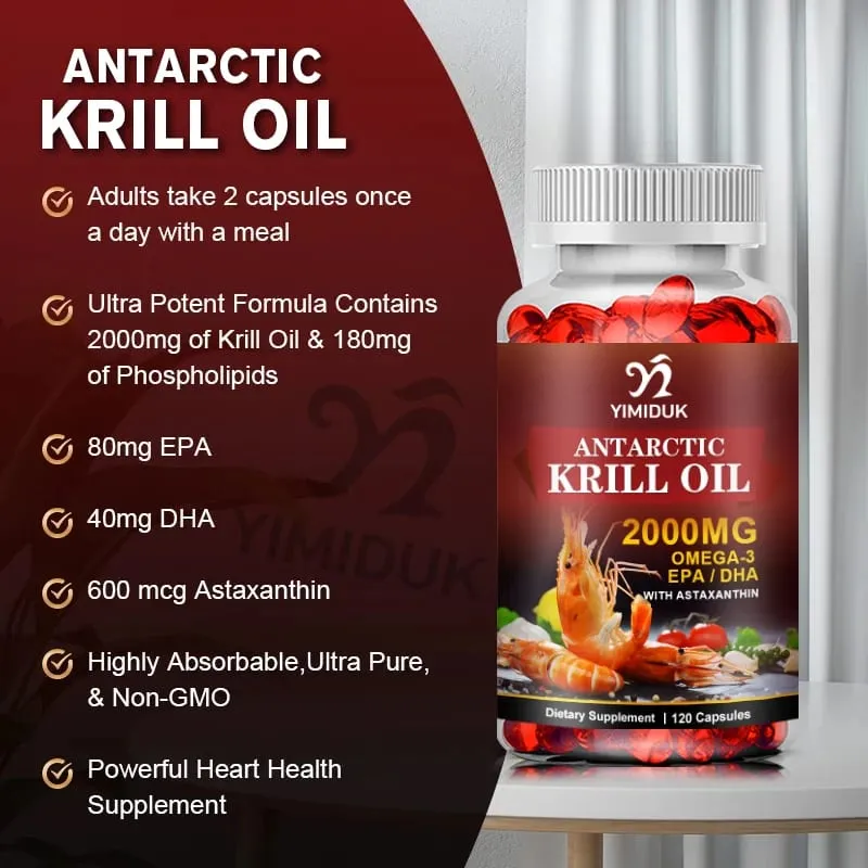 Minyak Krill Antartika 2000mg 120 Kapsul Omega-3 EPA DHA dengan Suplemen Astaxanthin Bersumberkan Kekuatan Maksimum Krill Merah