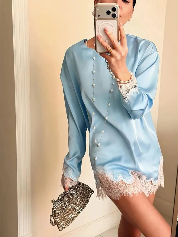 Women Elegant Lace Patchwork Lace-up Dress Solid Round Neck Full Sleeve Satin Loose Mini Dresses 2026 Spring Party Club Vestido