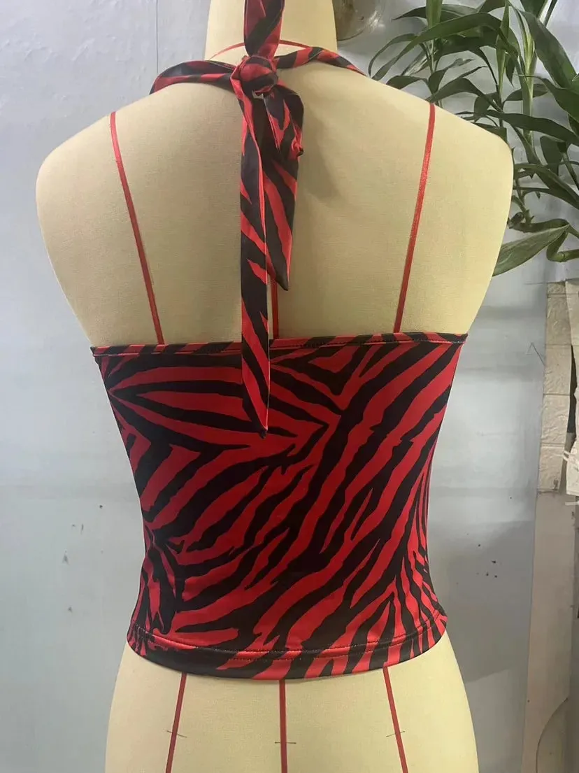 Red Black Stripe Halter Top for Women Sexy Hollow Out Backless Sleeveless Waist Cinched Camisole Summer Vintage Cosplay Costume — image 9