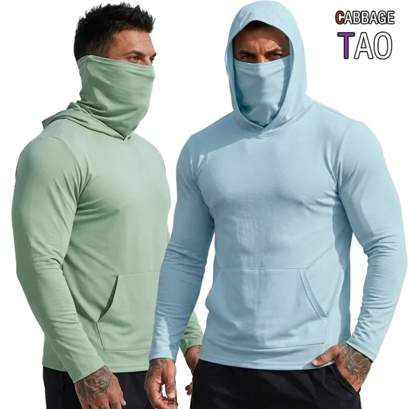 Maglietta da uomo con protezione solare, maglietta con cappuccio, ad asciugatura rapida, felpa a maniche lunghe, leggera, performante, per l'escursionismo, magliette da sole all'aperto