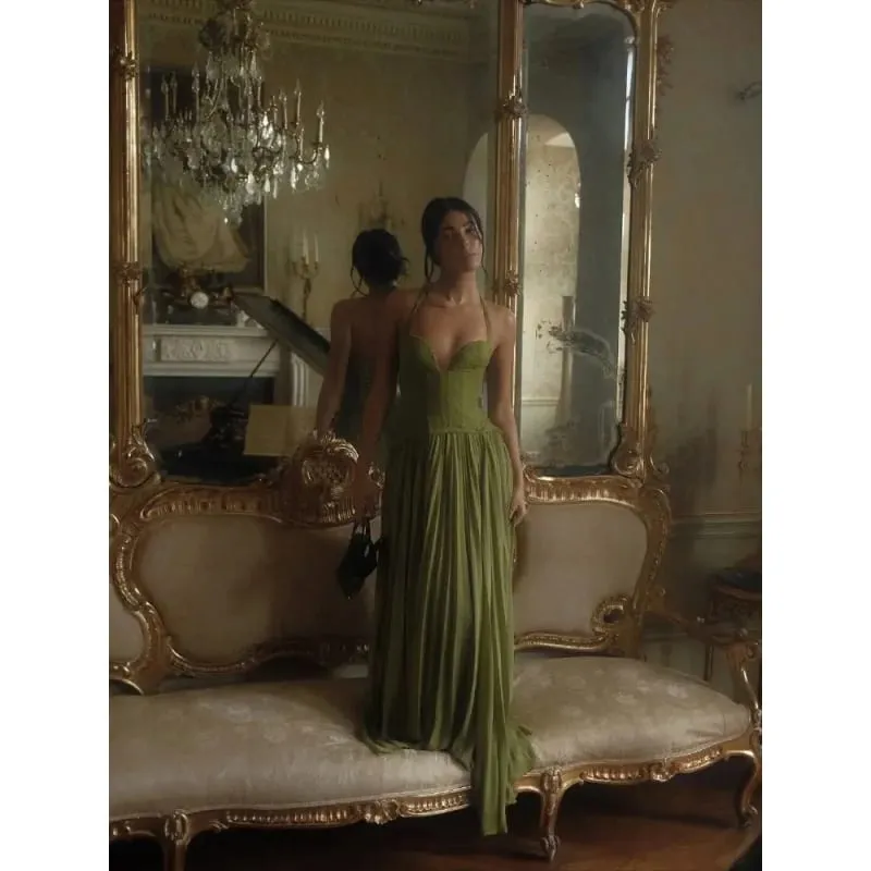 Vestido largo con cuello Halter y corsé de espina de pescado verde para mujer, Espalda descubierta, hombros descubiertos, diseño de telas combinadas con plisado, vestidos ajustados, vestido de fiesta de Navidad para mujer, nuevo — image 7