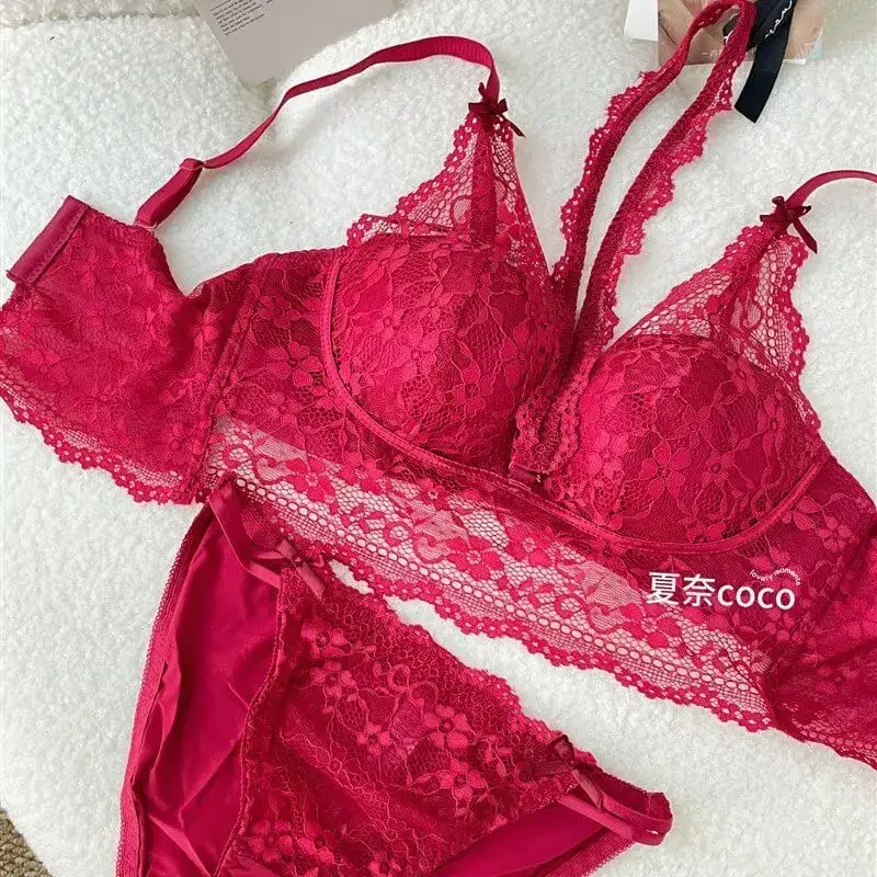 French Lace Wide Strap Thick Top Inner Lace Layer No Underwire Bra Set Petite Women Small Bust Comfort Lingerie Set 32-38 S-XL — image 12