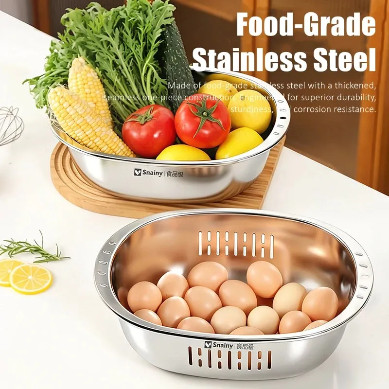 Ultrasonic Polishing Stainless Steel 2 in 1 Bowl and Colander Set Kitchen Fruit and Vegetable Efficient Washing Draing Gadgets — image 3