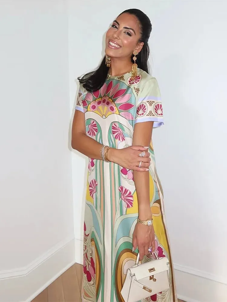 Chic Printed Women's Dress O-Neck Short Sleeve Loose Feather Patchwork Women'S Long Dresses 2026 Summer Female Vacation Robe — image 4