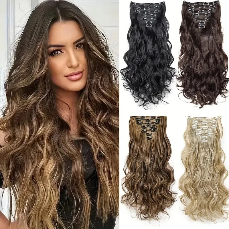 7pcs/set 24 Inch Synthetic Long Curly Wavy Hair Extensions 16 Clips In Hairpieces Synthetic Fiber Wave Hair Extensions for Women — image 2