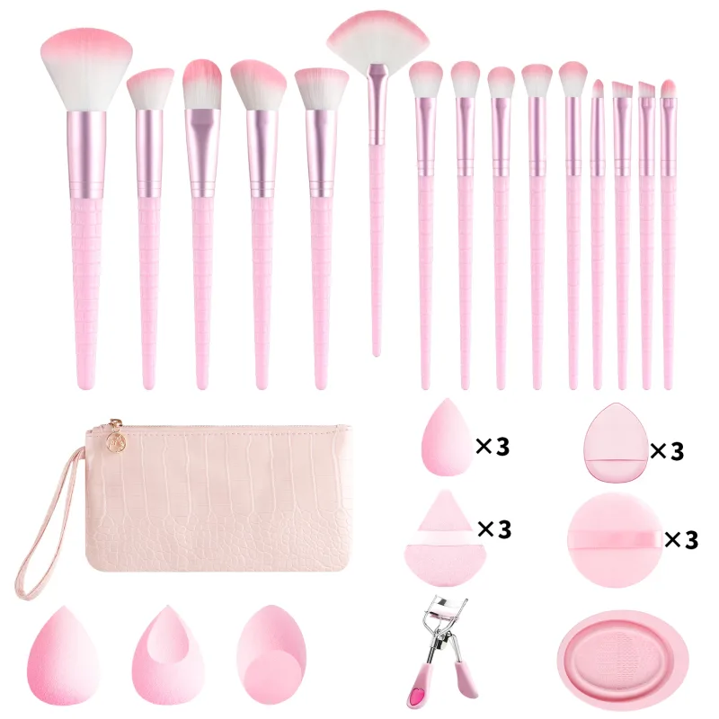 33 ชิ้น All In One ชุดเครื่องมือแต่งหน้า 15 แปรงฟองน้ำความงามแป้งพัฟ Eyelash Curler พร้อมกระเป๋าสำหรับ full Face แต่งหน้า
