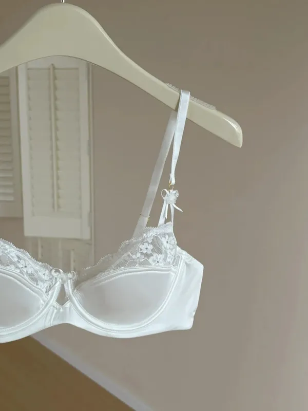 Red Lace Satin Bra Set Half Cup Thin Push‑Up Less Show Big Chest Sexy French Lingerie Women Underwear 32‑38