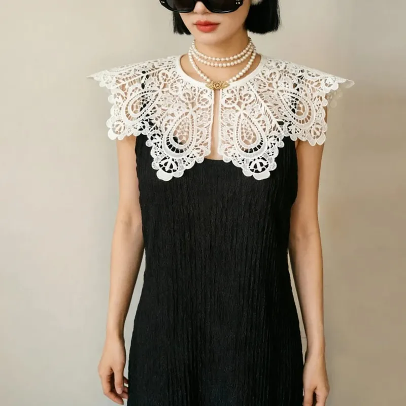 Pleated Sleeveless Elastic Long Dresses Women Vintage Palace Style Womens Black White Doll Fake Collar Soft Midi Dress Clothing — image 22