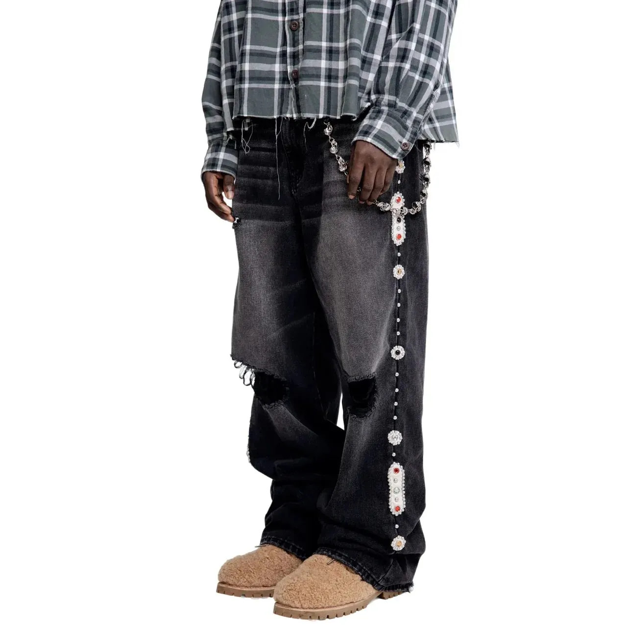 Gothic Diamond Punk Hip Hop Men's Slim Jeans Damaged Destroyed Hole Baggy Denim Long Trouser Pants Y2k Streetwear Ripped Jeans — image 6