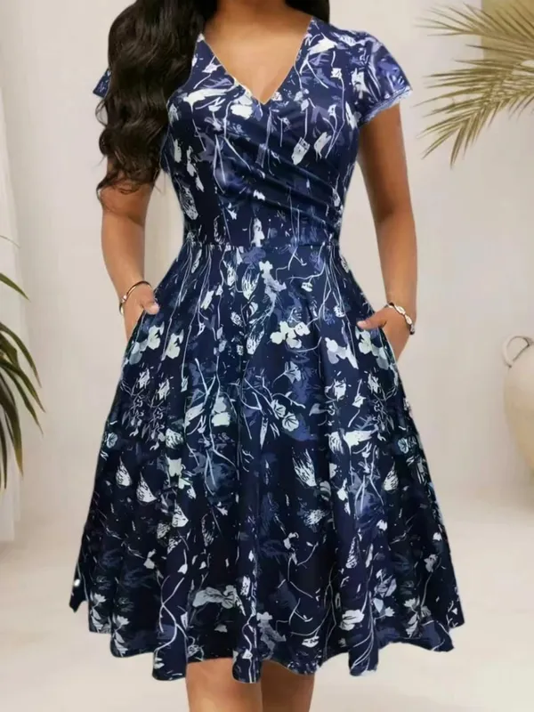 Elegant Floral Printed V-Neck Mid-Length Pocket Dress Polyester Blends for Spring Summer Autumn Three Season Women's Dress — image 7