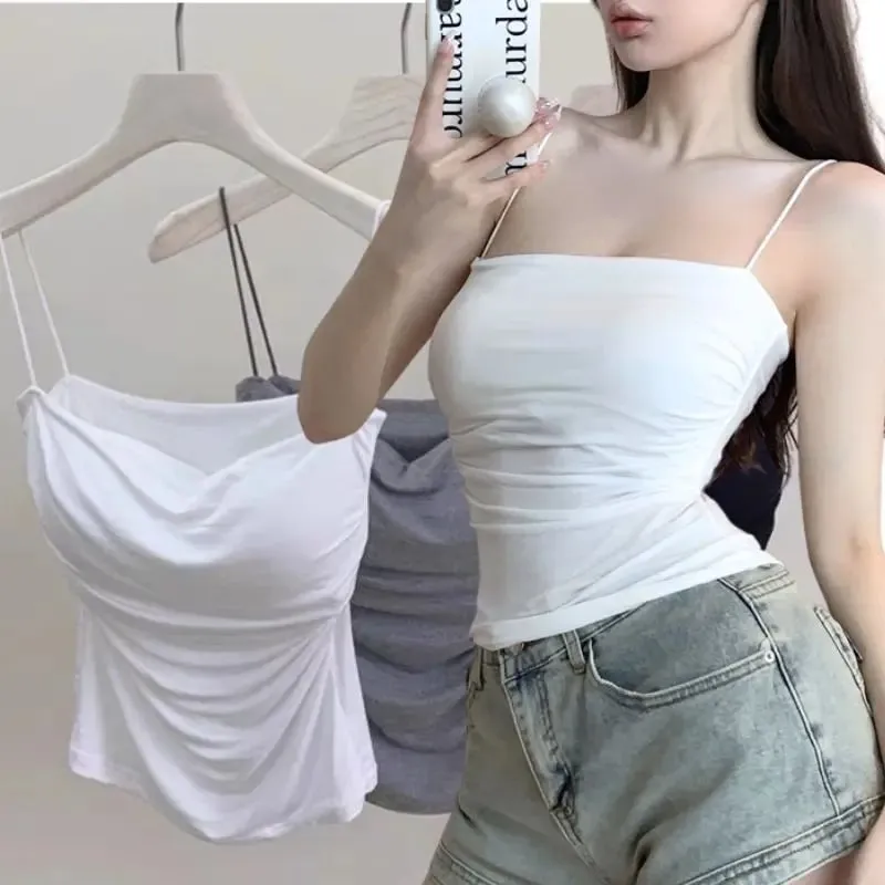 Summer Korean Women Spaghetti Strap Crop Top With Bra Bodycon Sleeveless Cami Tube Top Basic Camisoles Y2K Sexy Tank Tops — image 2