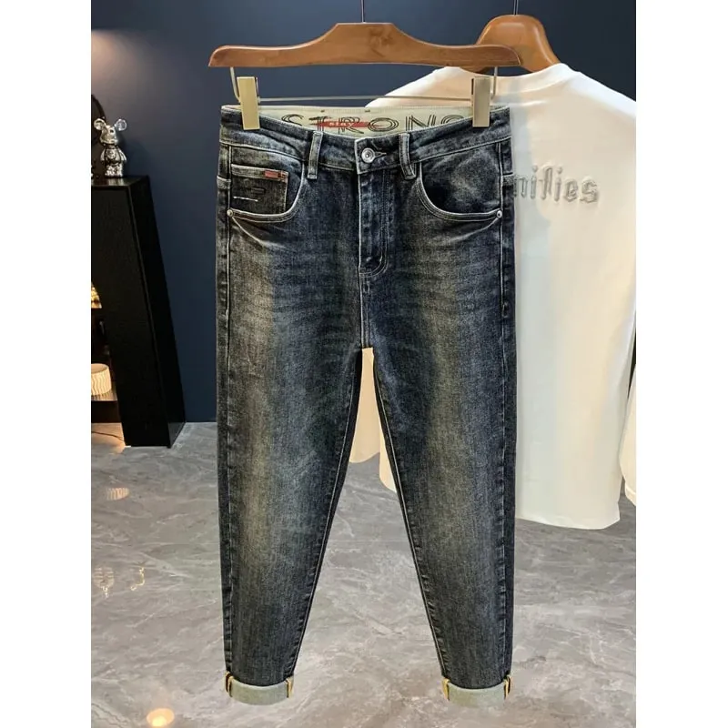2025 novo micro haren cônico jeans para outono masculino na moda versátil casual elástico solto calças de pernas pequenas
