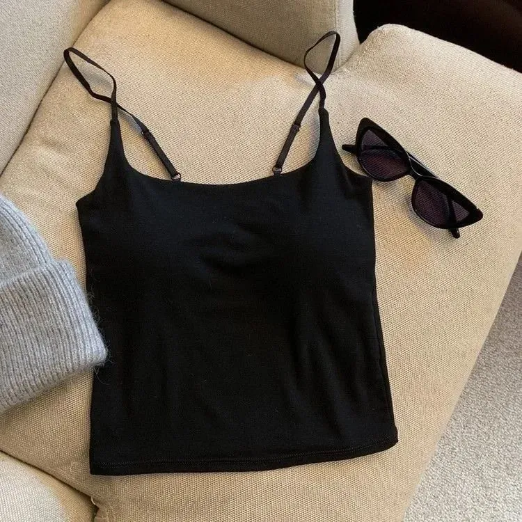Slimming Summer Outerwear Inner Wear Camisole Tank Top Women Simple Sling Strap Vest With Chest Pad For Girls — image 11