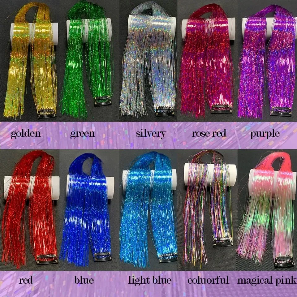 Long Straight Hair Tinsel Glitter Shiny Sparkly Synthetic Color Fresh Laser Clip in Hair Extensions Women Party Hair Accessori