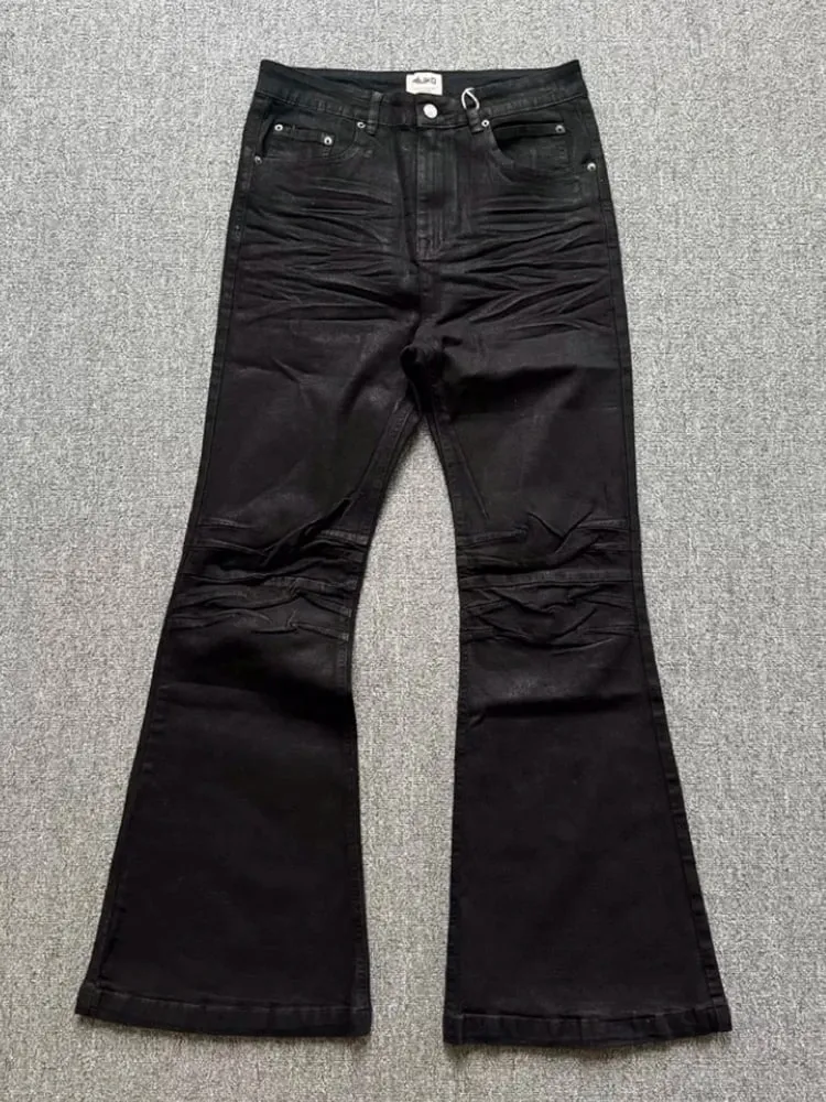 Retro Dark American High Street Handmade Brush Wax Coating Washed Floor Micro Flared Jeans Men Trendy mid Waist Loose Fit Jeans