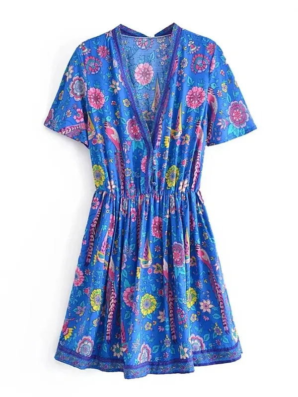 Vintage Chic Wanita Peacock Floral Print Gaun Mini Bohemian V-leher Dalam Wanita Lengan Pendek Happie Beach Boho Dress Vestidos — image 8