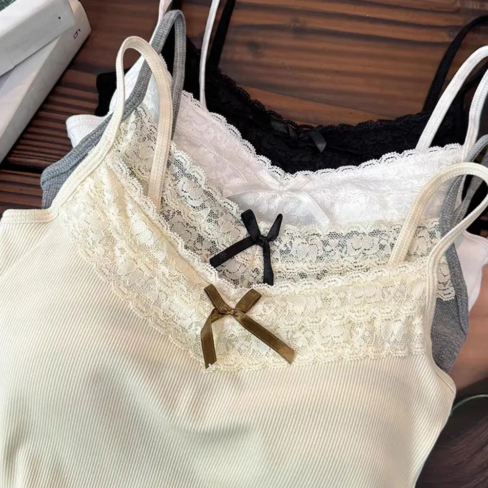 2026 Korean Y2k Crop Top Spring Summer Lace Tank Top Women Cropped Cute Camis Vest Sexy White Crop Tops Sleeveless Vest Coquette