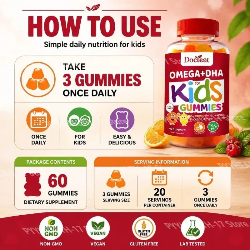 Docteat Omega+DHA Kids Gummies with DHA From Algae Vitamin C and Chia Oil Omega-3 6 9 for Brain & Vision Support 60 Gummies