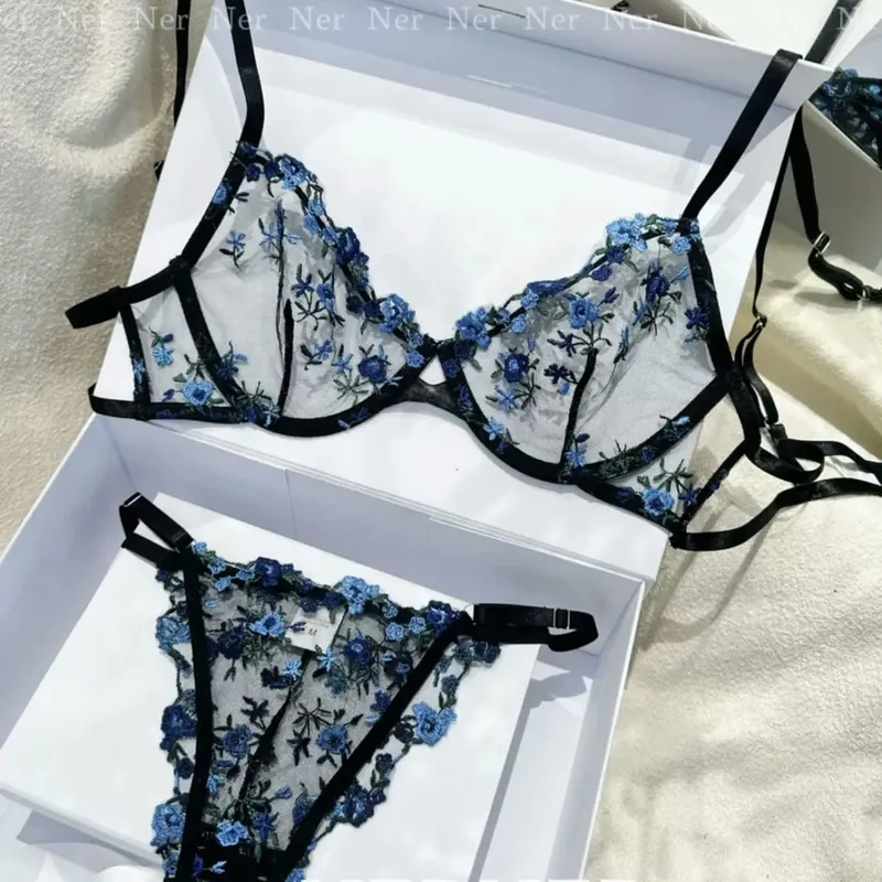 French Elegant Lingerie Set-Floral Embroidery Semi-Transparent Bra & Brief Black Sensual Women's Underwear Luxury Intimates