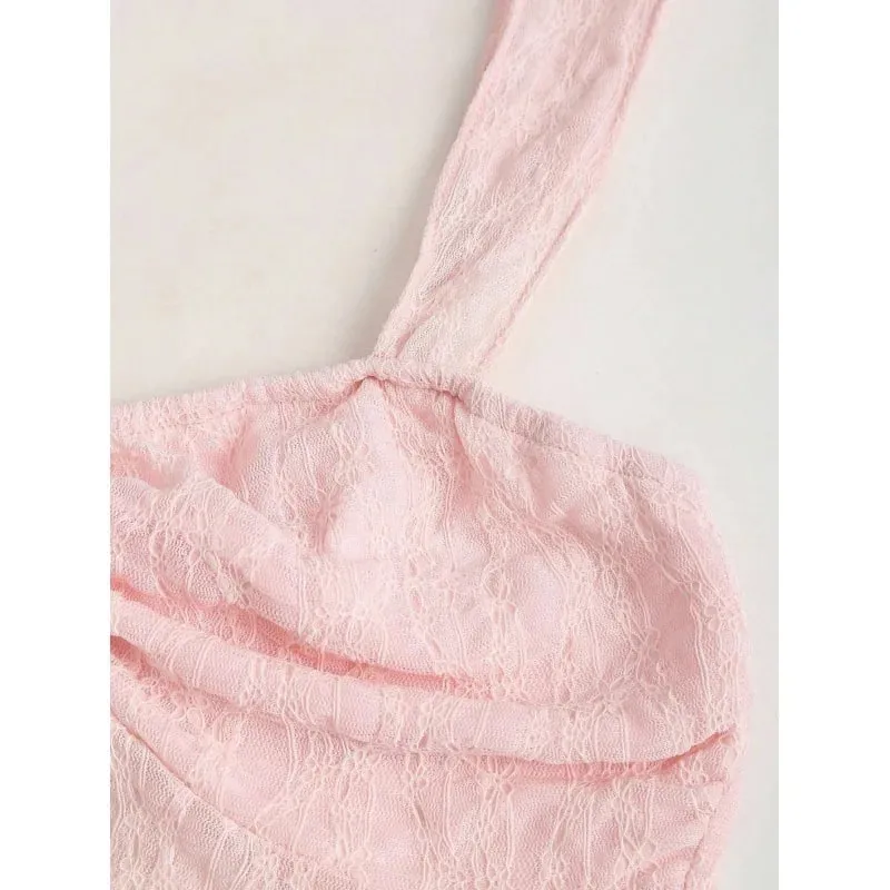 French soft pure aesthetic women cropped camisole solid lace jacquard fabric bow ornament waist cinched versatile sleeveless inn