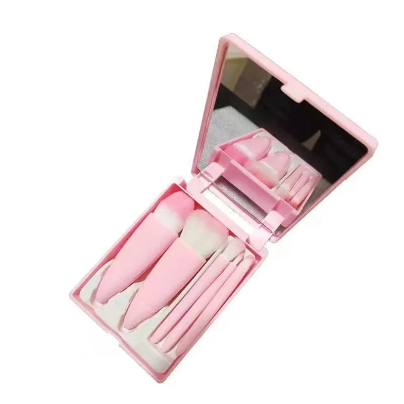 【B】5Pcs Makeup Brushes Set Mini Makeup Brushes Small Complete Function Cosmetic Brushes Kit With Case And Mirror