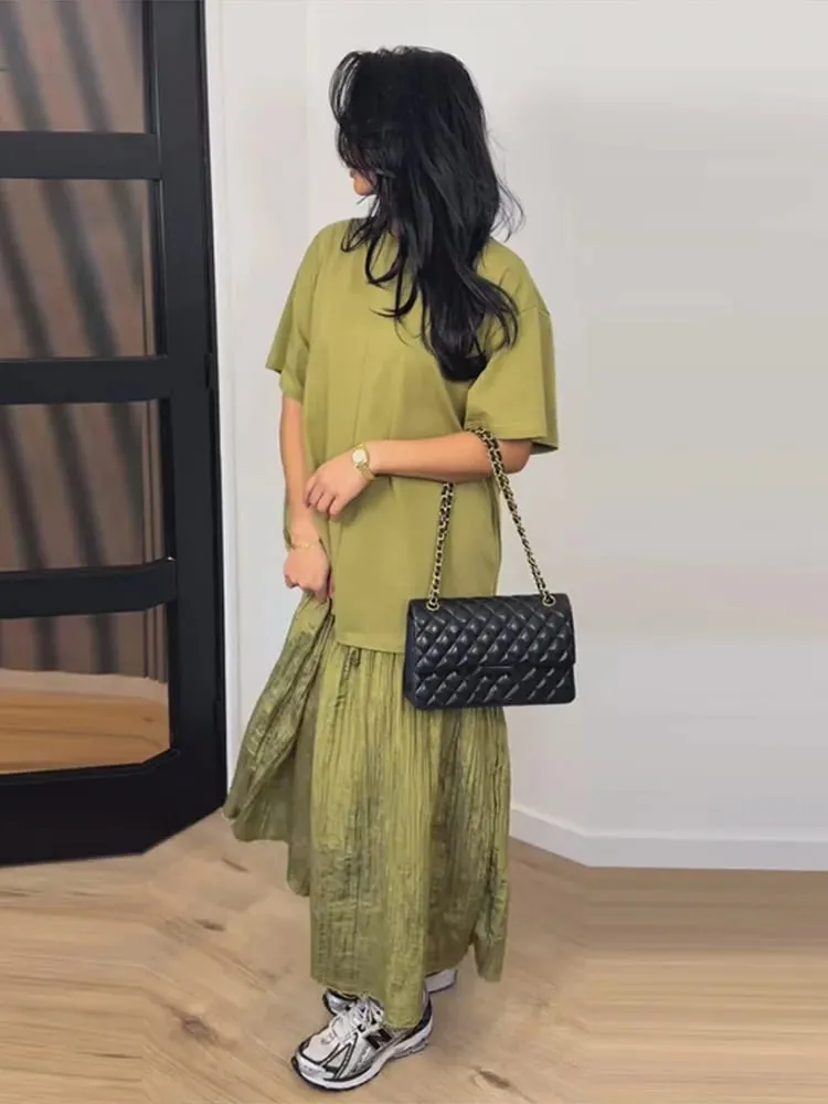 Fashion Patchwork Women Short Sleeve Dresses Casual O Neck Loose Female Solid Midi Dress 2026 Spring New Lady Long Robe Street