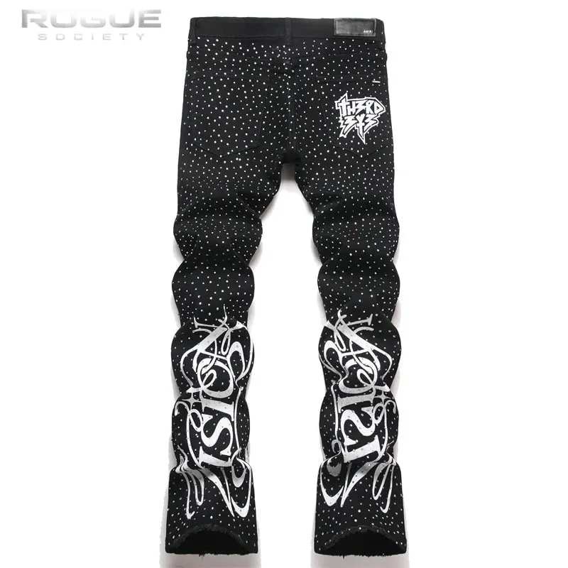 Punk Flame Rhinestone Jeans Men Harajuku Black High Street Elastic Streetwear Y2K Grunge HipHop Casual Denim Pants Unisex Edgy