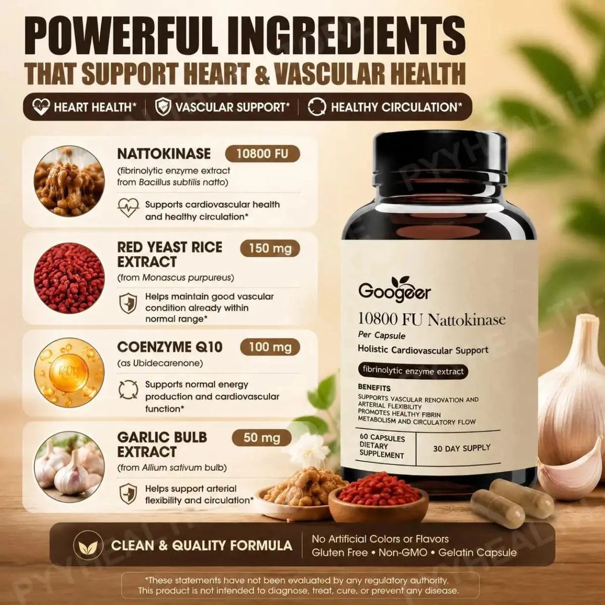 Googeer Advanced Enzyme CoQ10 Formula Capsules Clean Vegan Non GMO Daily Wellness Support Supplement 60 Capsules Easy Use