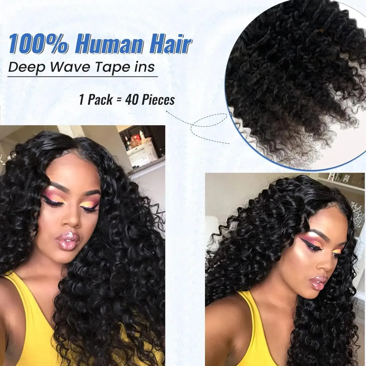 Deep Wave Tape In Hair Extensions Natural Black 100% Human Hair 20pcs/50g Curly Tape Ins Invisible Seamless Replaceable Glue #1B — image 6