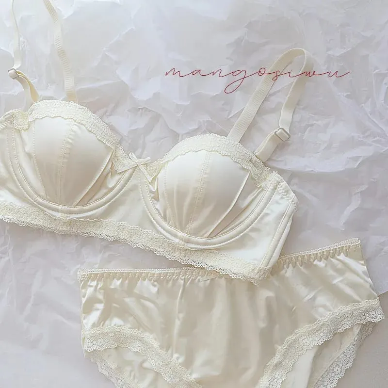 Luxury French Minimizer Bra Satin Lace Thin Cup Soft Underwire Uplift Centering Anti-Sagging Solid Comfort Support Elegant Women