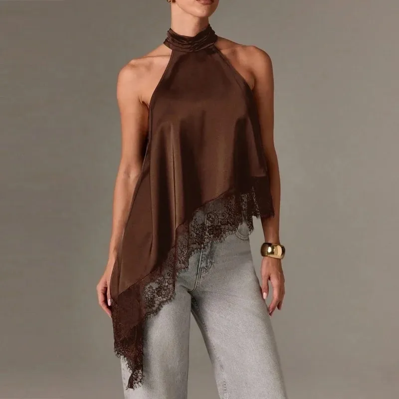 Women Y2k Mock Neck Halter Top Satin Lace Asymmetrical Hem Tank Tops Sleeveless Elegant Going Out Crop Tops