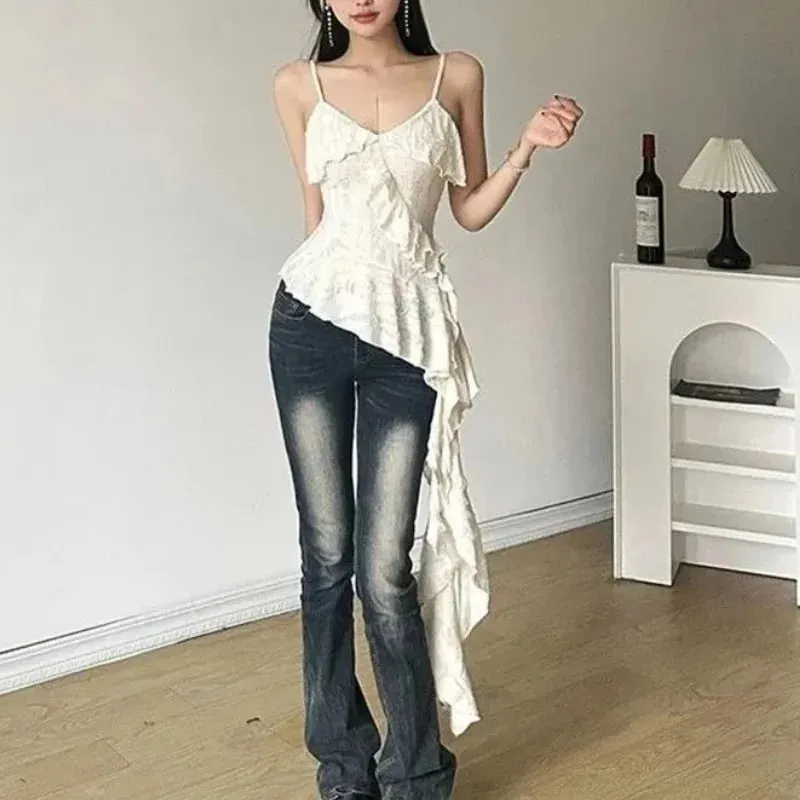 Y2K Hotsweet Women Camisole Gothic Ruffle Tank V-Neck Sleevless Tops Sexy Lady Irregular T-Shirts&Blouses Streetwear All-match