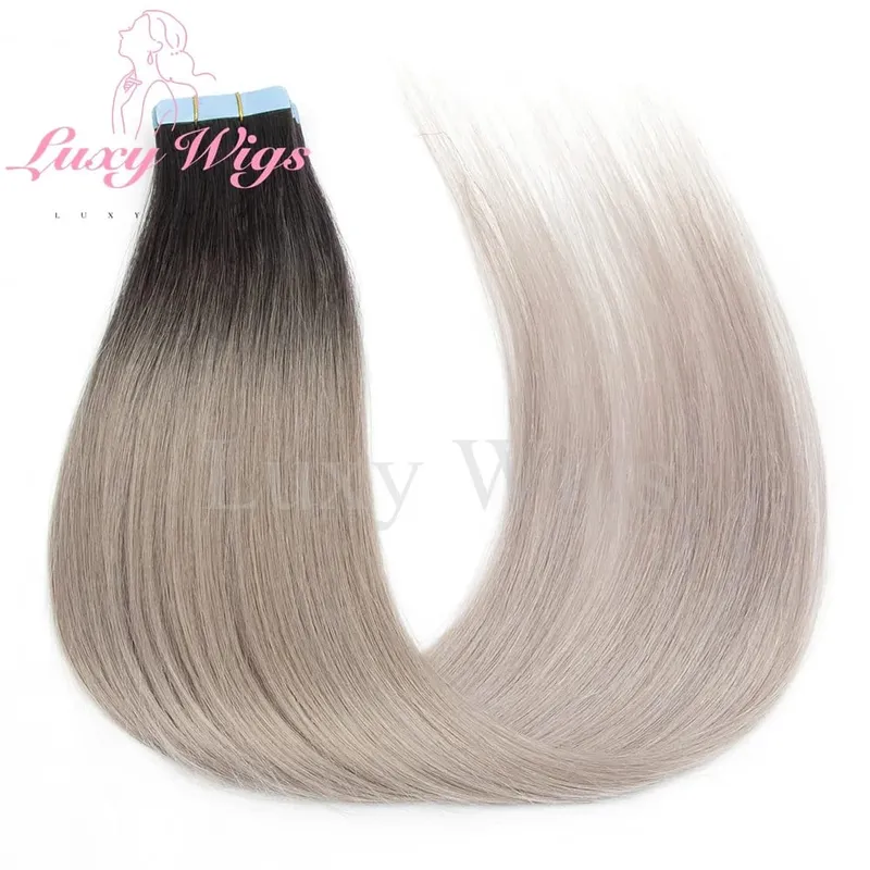 Highlights Gray Tape in Hair Extensions Human Hair Straight Black Blonde Seamless PU Skin Weft Tape In Hair Extensions 20PCS — image 8