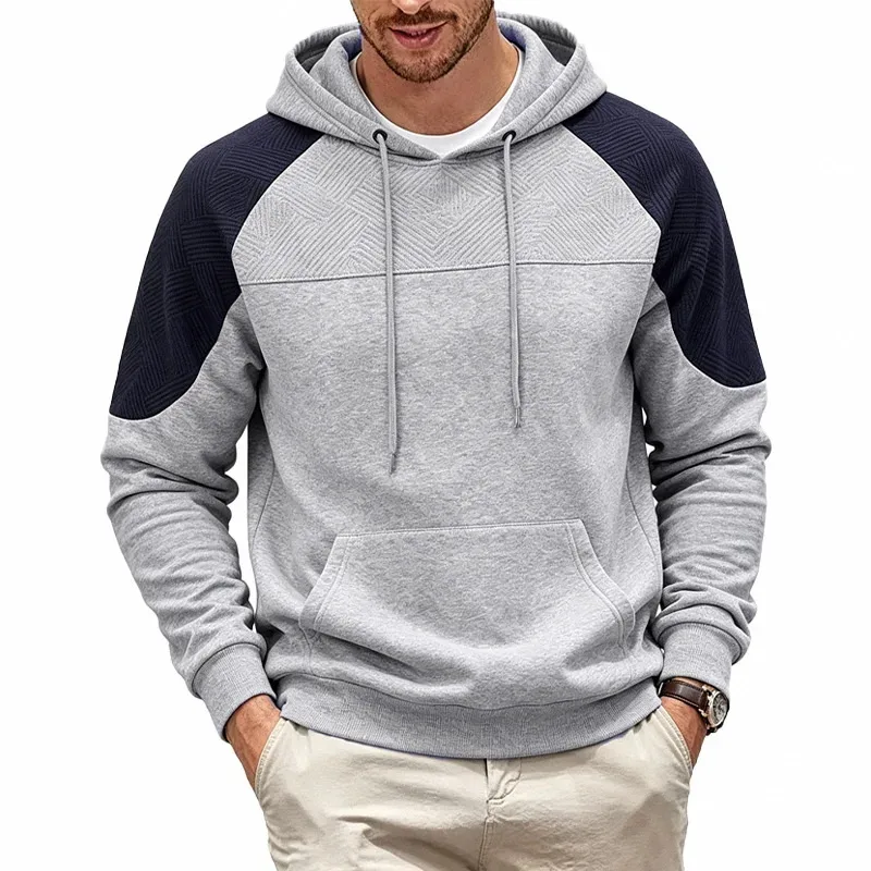 Autumn Winter Men Color Block Raglan Hoodie Textured Chest Panel Drawstring Kangaroo Pocket Loose Casual Streetwear Sweatshirt
