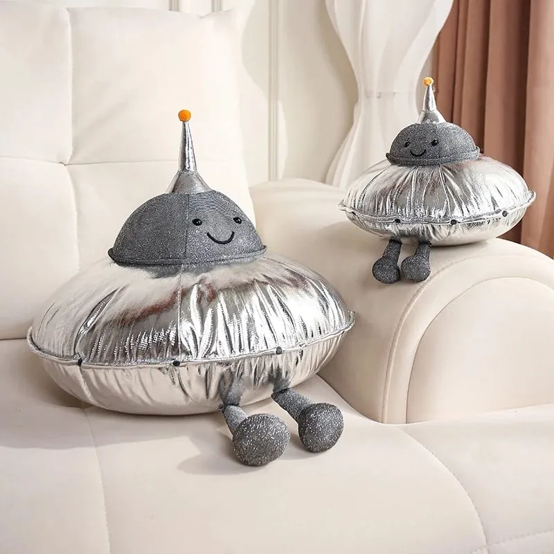 Cute UFO Plush Pillow Silver Metallic Flying‑Saucer Stuffed Toy Soft Alien Spaceship Plush Cushion Space‑themed Home Decor Gift — image 6